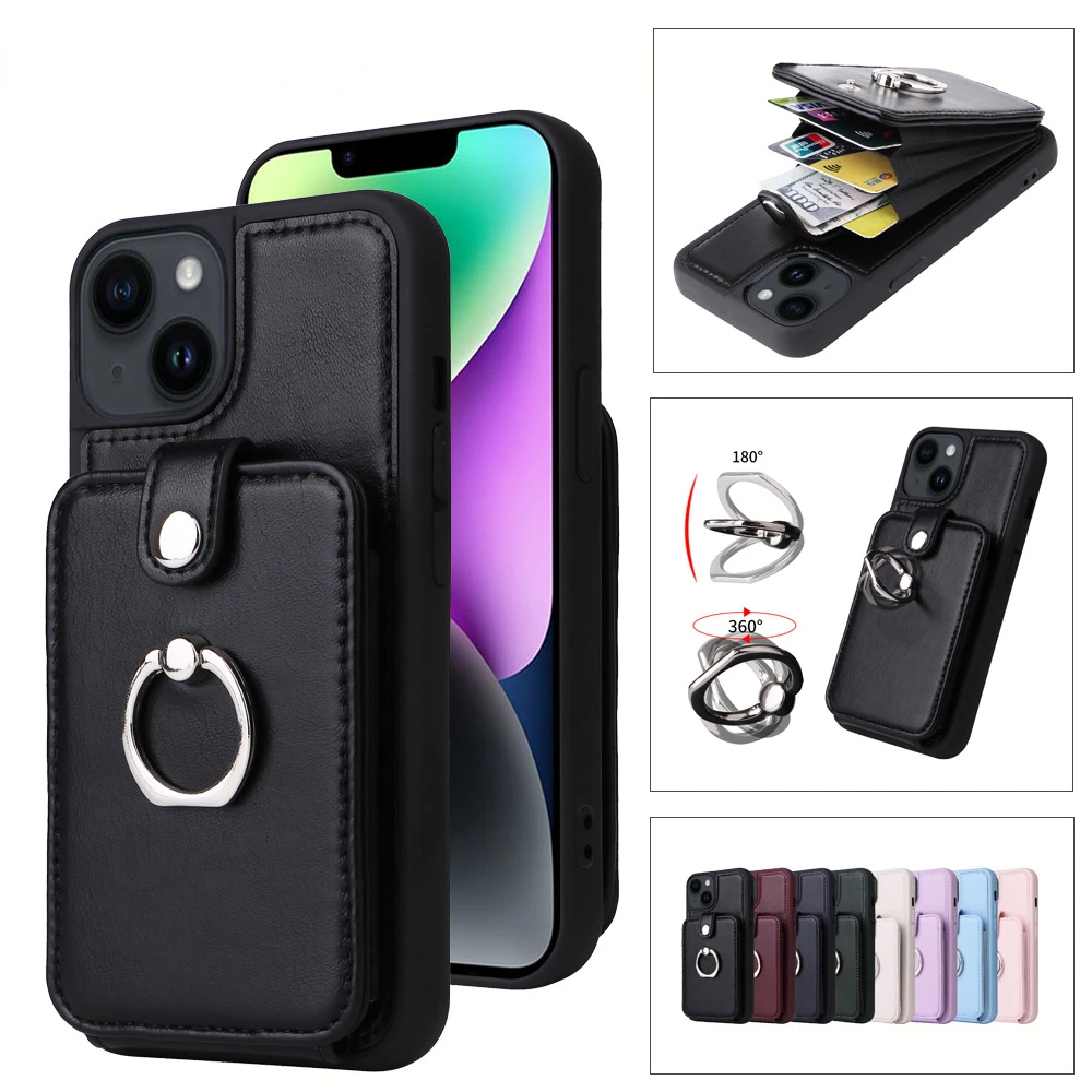 Luxury Card Holder Wallet With Finger ring Holder Phone Case For iPhone 14  11 12 13 Pro Max XS XR 7 8 Plus Mini Neck Lanyard