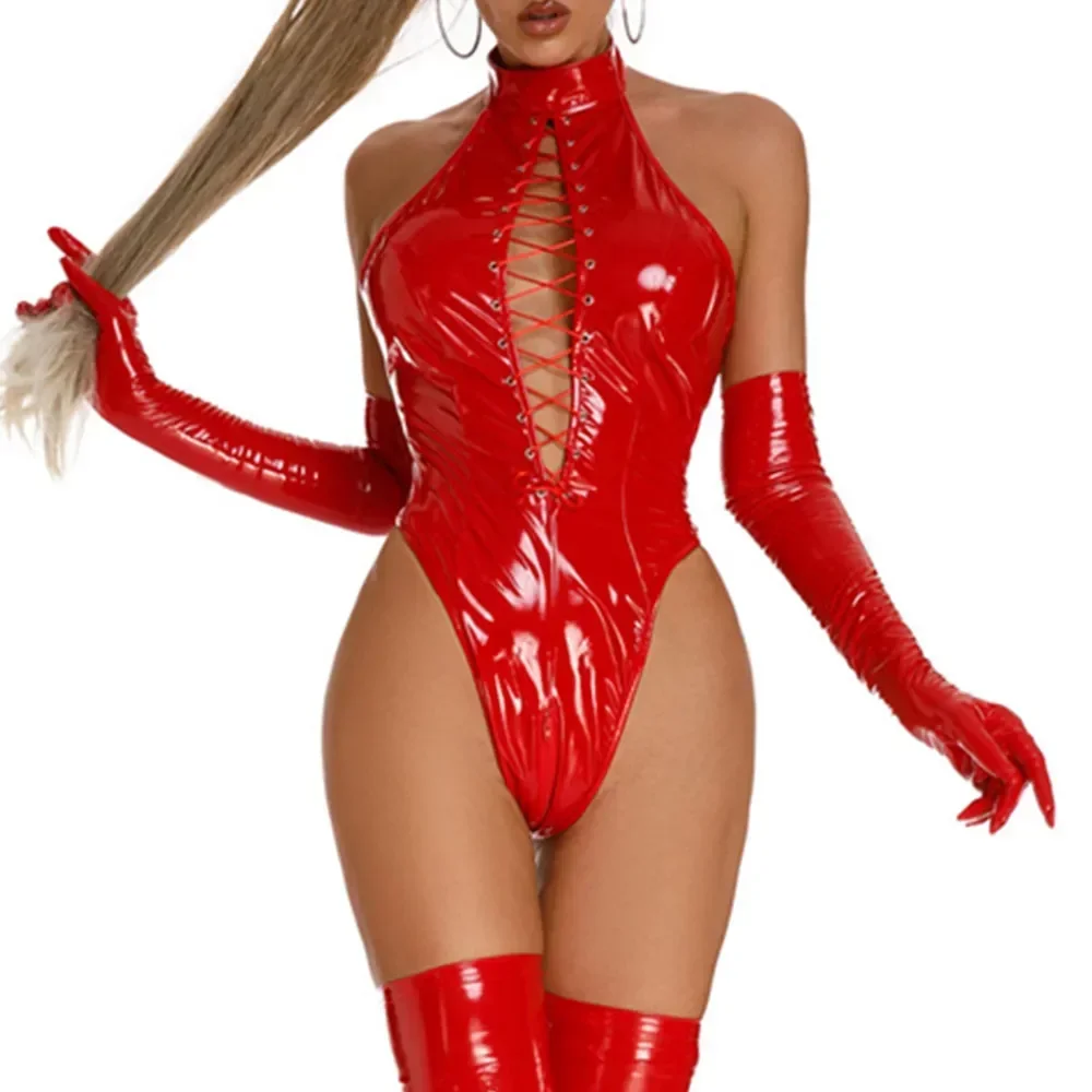 Sexy PU Leather Bodysuit Women Erotic Skinny Wetlook Latex Lingerie Porno Zipper Open Crotch Leotard Crotchless