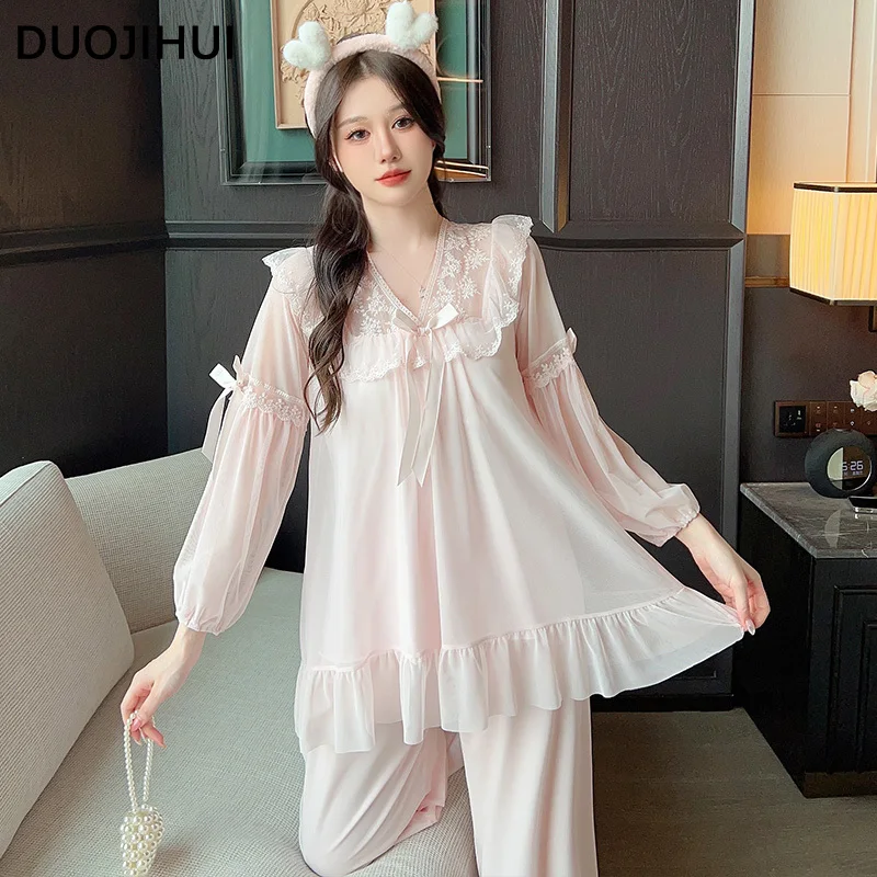 DUOJIHUI Pink Classic Autumn New Casual Home Pajamas for Women Fashion Loose Chicly Lace Solid Color Simple Female Pajamas Set
