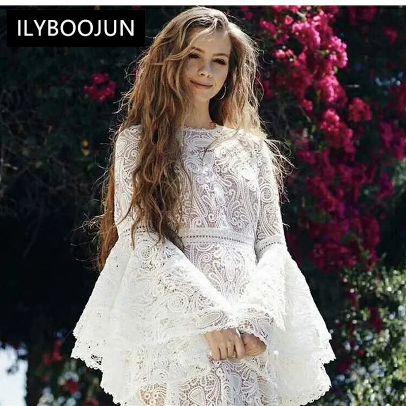 

Dresses For Women 2023 Summer Runway Luxury Brand Elegant High Quality Flare Sleeve White Lace Cascading Ruffle classy Dress