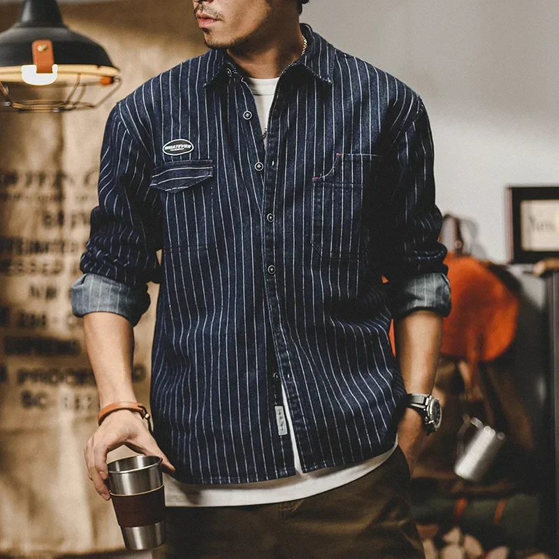 Denim Striped Long Sleeve Shirt Men's Loose Large Size Casual Shirts Workwear Vintage American Heavy Cotton Cargo Shirt Coats
