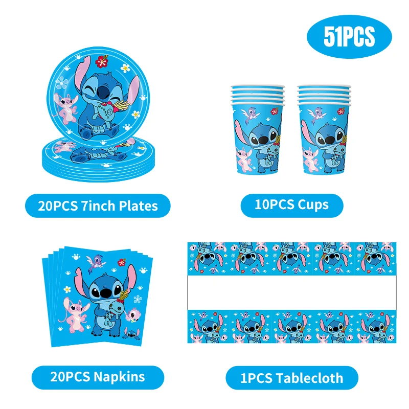thumbnail image 1 of Decoraciones para fiesta de cumpleaños de Disney Stitch, vajilla con temática azul y rosa, vasos de papel, platos y manteles de Lilo y Stitch para niños, 1 of 5