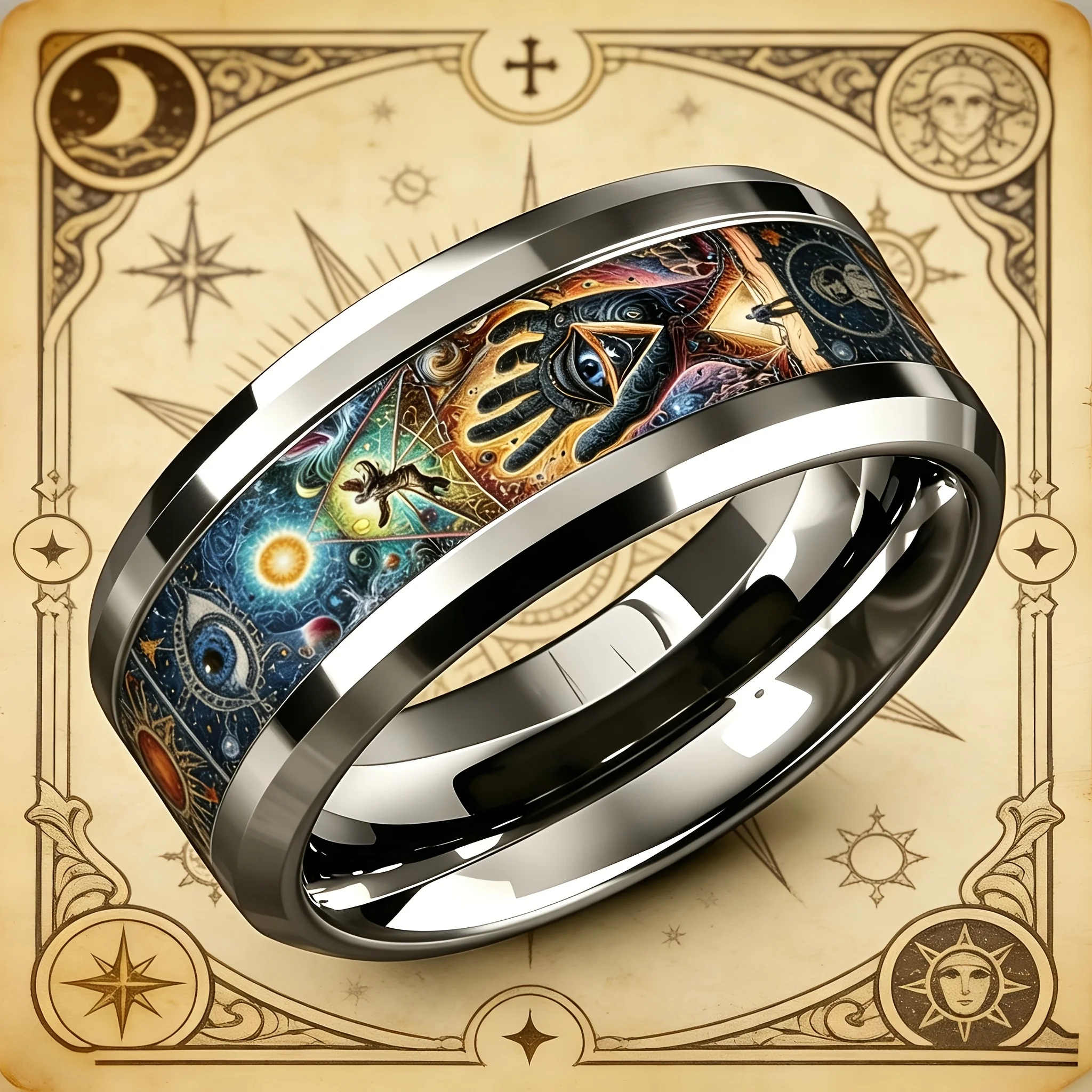 Vintage Men Stainless Steel Ring with Mystical Esoteric Tarot & All Seeing Eye Pattern Inlay Rings for Men Women Wedding Jewelry 3