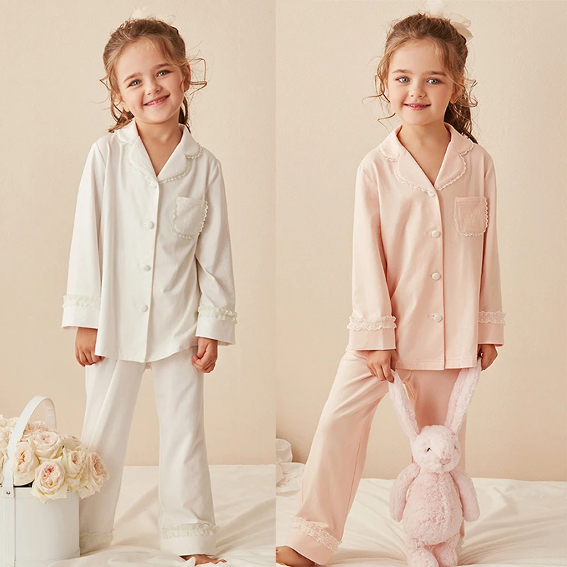 pajama sets button up	 Children‘s Girl’s Lolita Turndown Collar Pajama Sets.Cotton Tops+Pants.Toddler Kids Lace Pyjamas set.Girl Sleepwear Loungewear Sleepwear & Robes classic