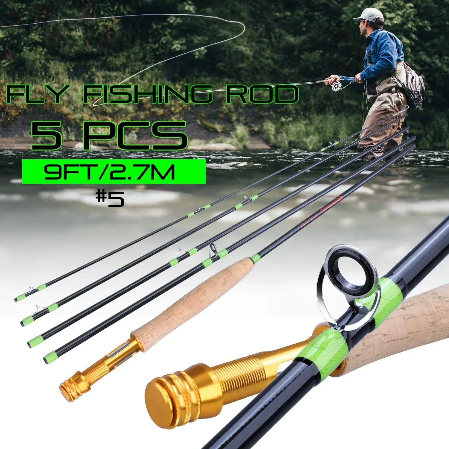 Sougayilang Fly Fishing Rod 2.7m 9ft Ultralight Carbon Fiber Fly Rods 5/6  Max Drag 8kg for Freshwater Salmon Bass Pike Pesca