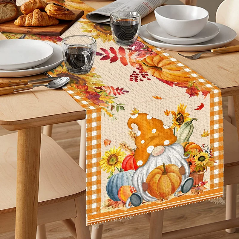 Description Picture 3 of itemFall Linen Table Runner Thanksgiving Tabletop Home Kitchen Orange Plant Decor Table Runner Pumpkin Sunflower Dining Room Decor