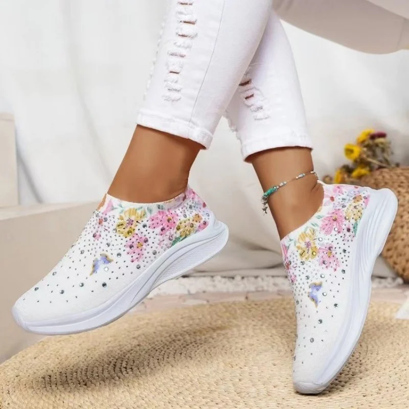 

Women's Shoes 2023 Brand Mesh Women's Vulcanize Shoes Outdoor Women Sneakers Color Matching Crystal Slip-on Ladies Casual Shoes