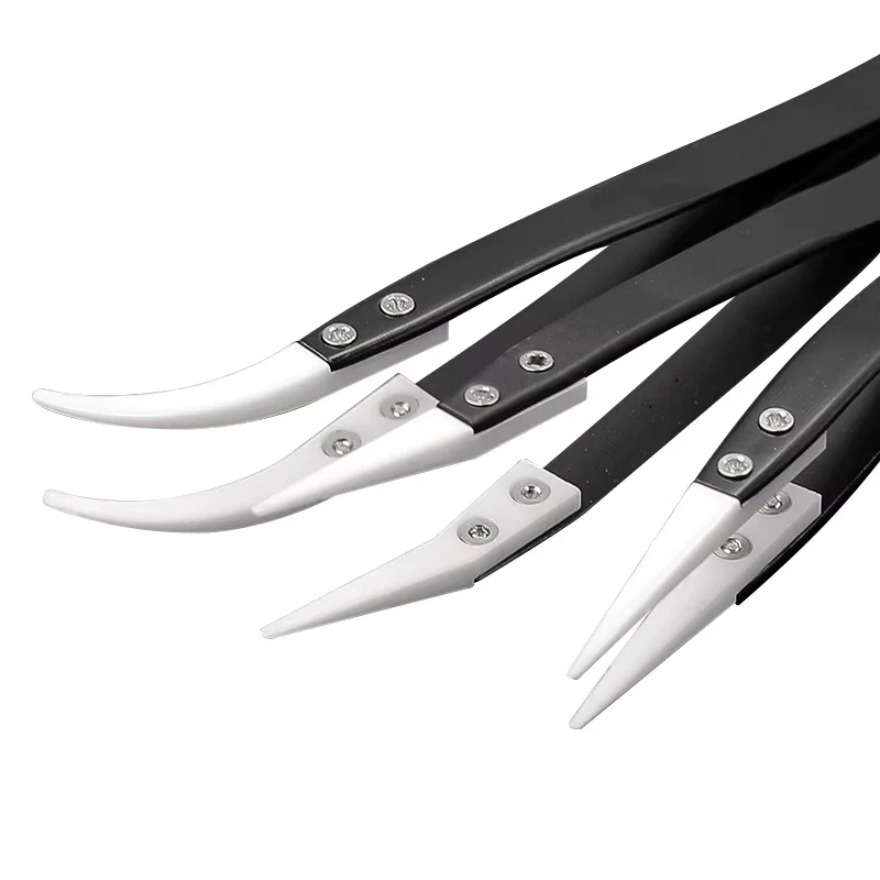 Anti-Static Ceramic Tweezers Stainless Steel Industrial Ceramic Tweezers Insulated Straight/Curved Tip Black-Whit