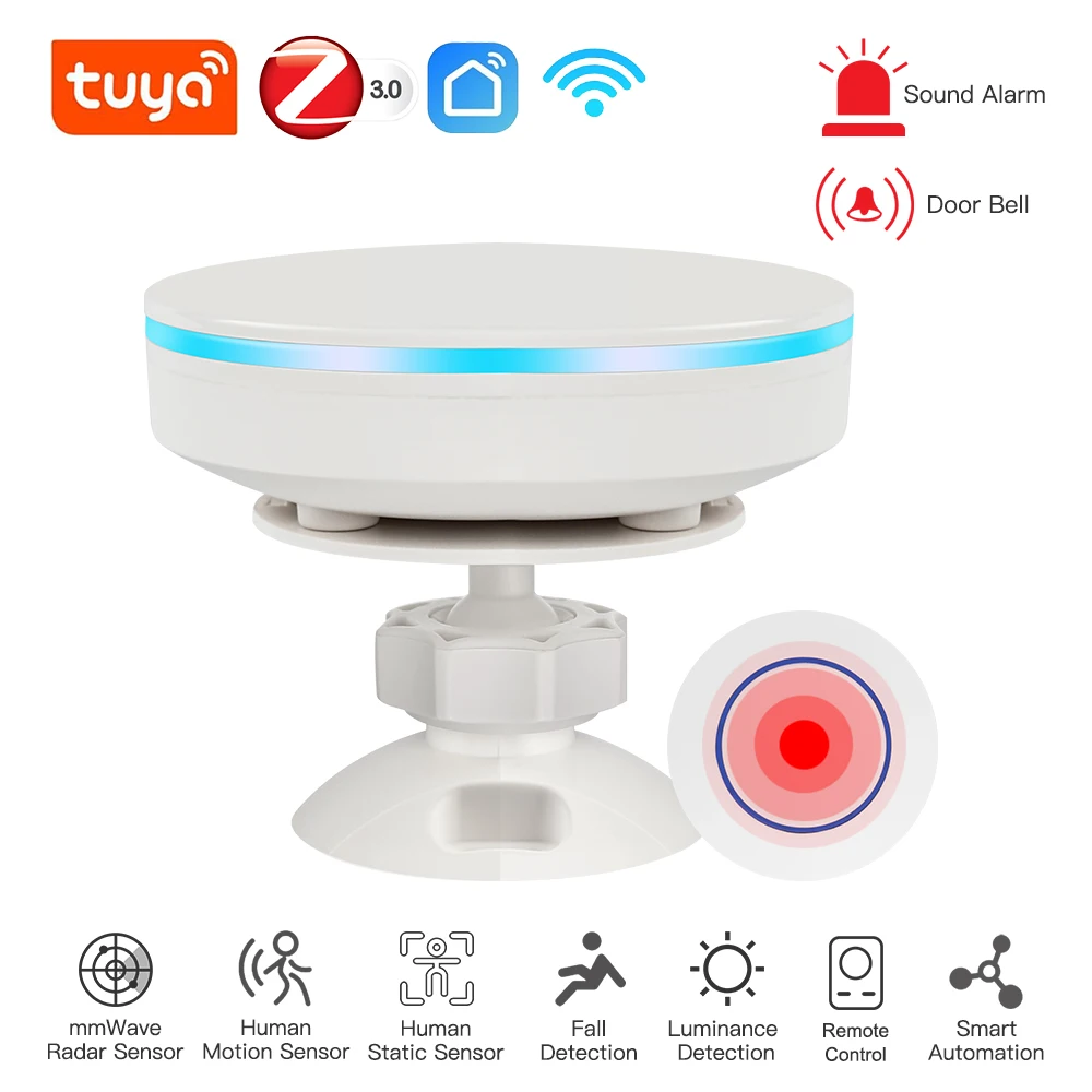Sensor de Pressão Humana Wifi Zigbee 3.0 Radar Mmwave 24g com Alarme de Sirene Detecção de Movimento Lux Tuya Smart Life Automação Residencial 5v