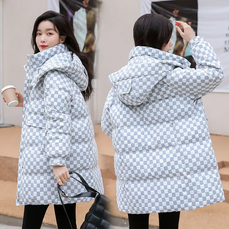 Winter Warm Clothes for Women Long Hooded Down Jacket White Duck Down Chessboard Grid Mid Length Korea Winter Women's Cold Coat