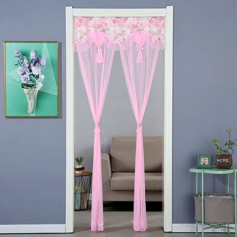 Breathable Lace Embroidered Door Curtain, Punch-free Mosquito Screen Curtain, Bedroom Partition Curtain, Single Layer, 1Pc