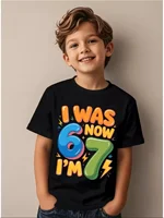 T-shirt 7e anniversaire pour garçon, numéro 67 et motif Lightning Bolt, col rond, manches courtes, tenue de fête pour 7 ans 1