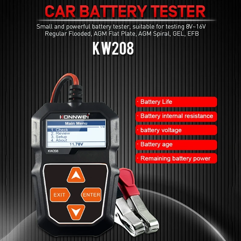 KONNWEI 자동차 디지털 배터리 용량 테스터 테스트 도구, KW208, 12V, 100-2000CCA