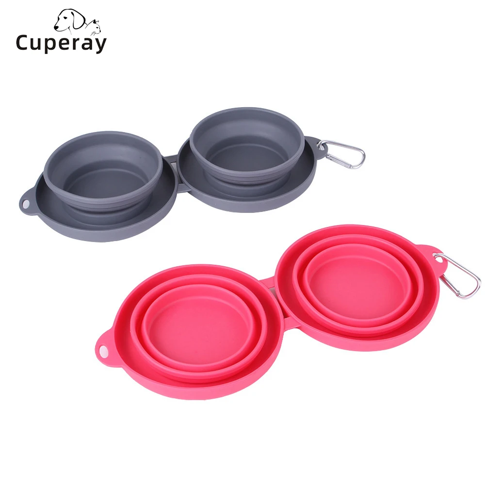 

Collapsible Silicone Twin Dog Bowls Travel Dog Bowls Expandable Cup Dish,No Spill Non-Skid Silicone Pet Food & Water Feeder Bowl