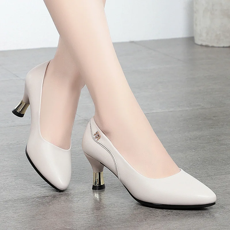

Women Light Weight Slip On Stiletto Heel Pumps Temperament Elegant Casual Soft Skin Black Office Soft Leather Shoes Gentle