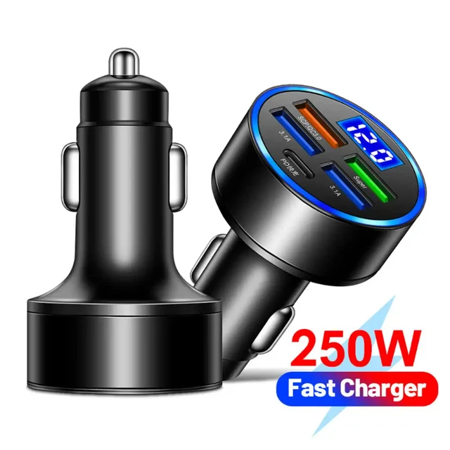 250W 5 Ports Car Charger Fast Charging USB Type C Car Lighter PD Quick Charger 3.0 Car Phone Charger For iPhone Samsung Huawei