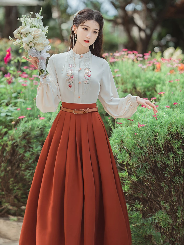 

Vintage Mori Girl Embroidery 2PCS Dress Set Long Sleeve Puff Sleeve Femme Blouse Solid Color Slim A-line Autumn Midi Skirt 2023
