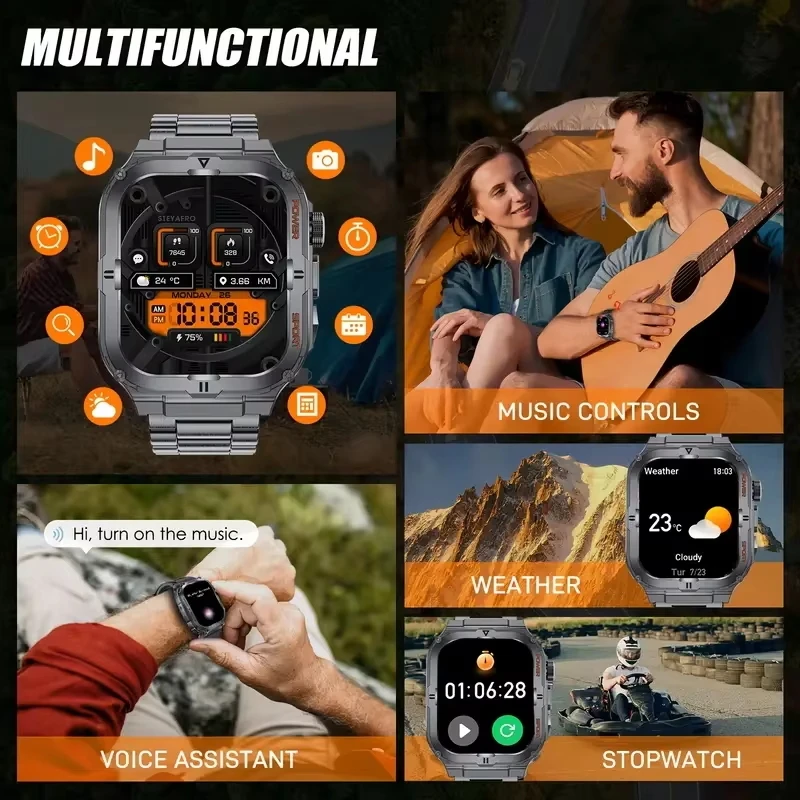 2026 new men's military smartwatch, flashlight motion trajectory multifunctional reminder outdoor tracking fitness smartwatch 4