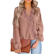 

Women Blouse Lace V Neck Spring Summer Pure Color Loose-fitting Shirt for Party