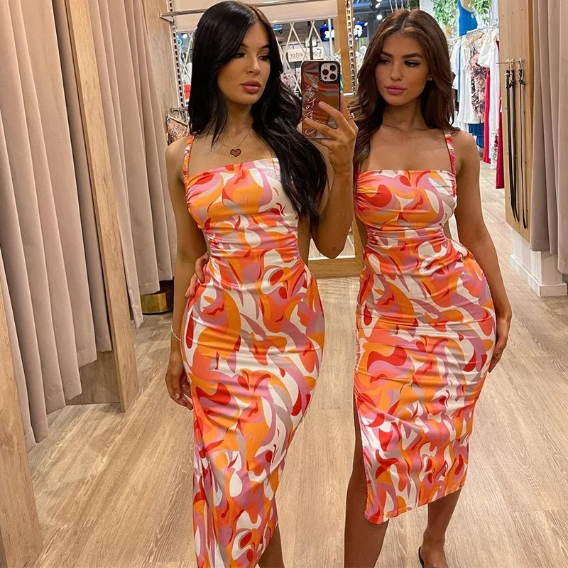 

European and American style women's clothing summer 2023 new fashion print backless tie slim dress trendy and sexy