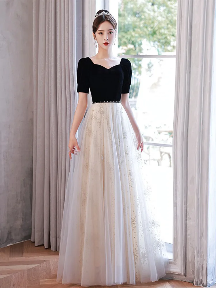 2023 New Black Evening Dress Half Sleeve Floor Length Banquet