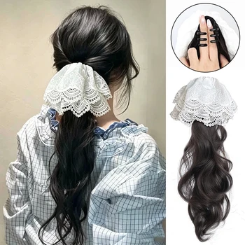 Coda di Cavallo Sintetica con Clip a Granchio e Elastico in Pizzo, Parrucca Lunga Ricciola Ondulata da Donna per Uso Quotidiano, Feste, Halloween, Natale