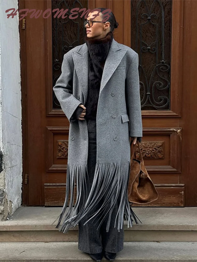 معاطف صوفية طويلة أنيقة بشراشيب للنساء فضفاضة وفتحة رقبة على شكل حرف v أكمام طويلة سترات خارجية أنيقة لخريف  للشارع