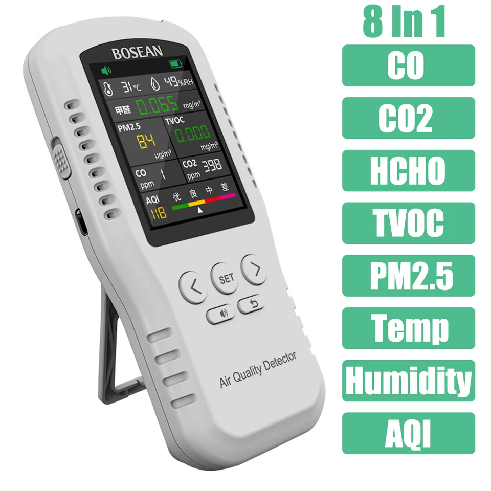 Rilevatore Gas E CO2 5 In 1 – Misura Qualità Aria, HCHO, TVOC, Temperatura E Umidità Portatile