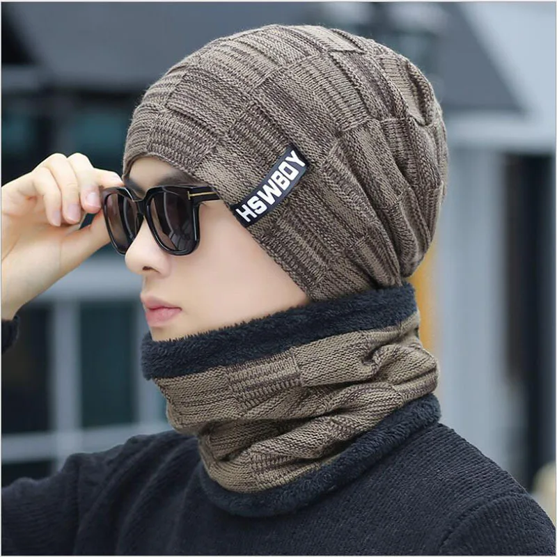 Winter Men Beanie Hat Scarf Set Knitted Warm Skullies Neck With Thicken Lined Male Scarf Cap Set