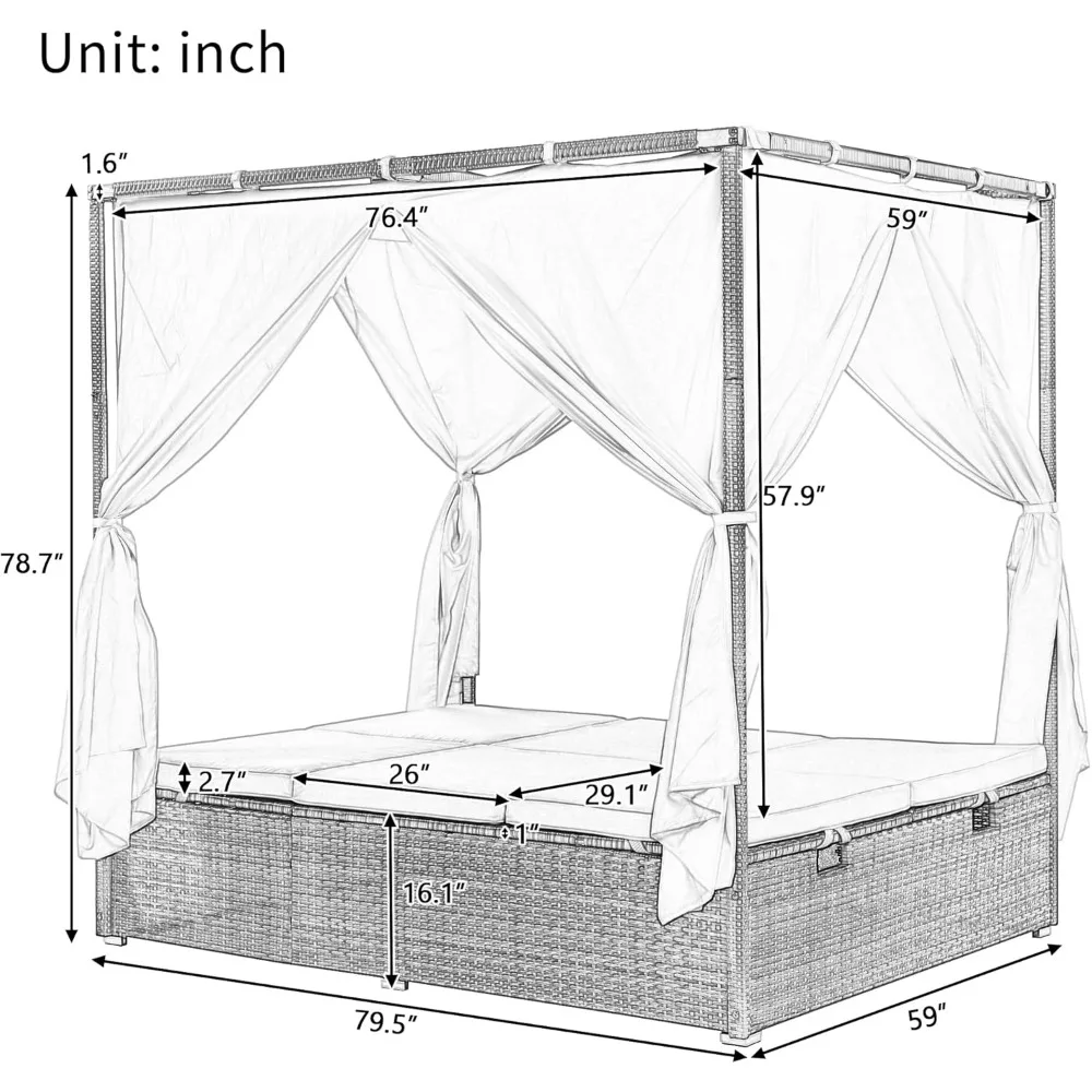Outdoor Patio Wicker Sunbed Daybed with Canopy, Overhead Curtains, Cushions, Lounge Chairs with Adjustable Seats for Backyard 6