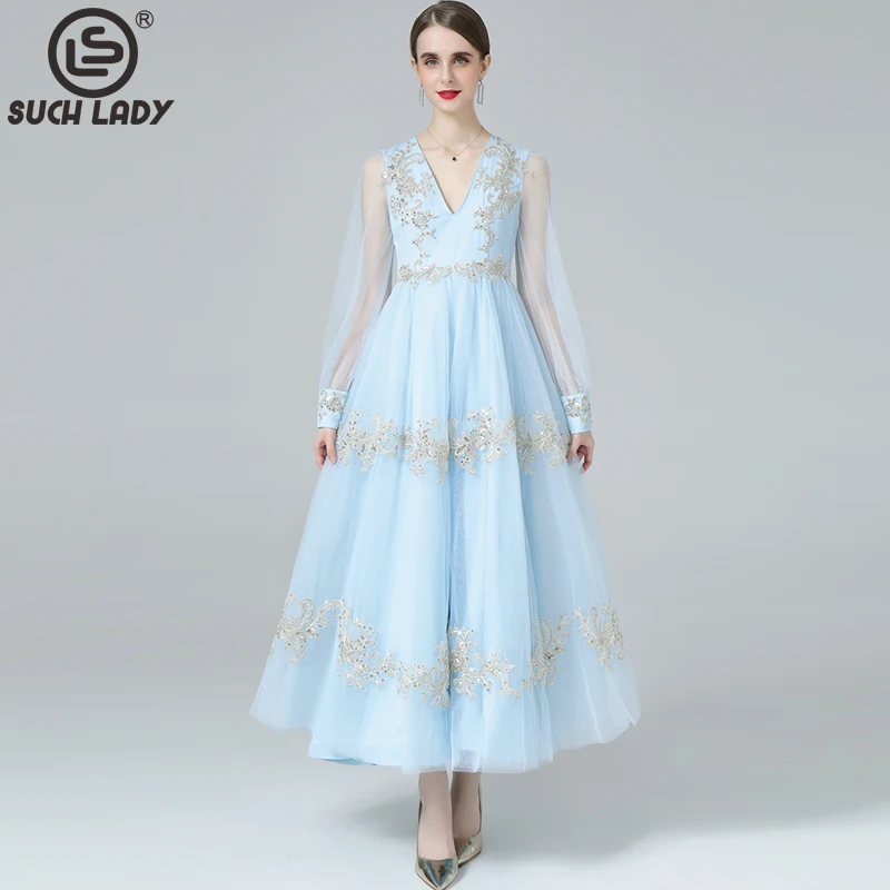 

Women's Runway Dress Sexy V Neck Long Sleeves Embroidery Bodice Patchwork Layered Fashion Elegant Designer Party Prom Vestidos