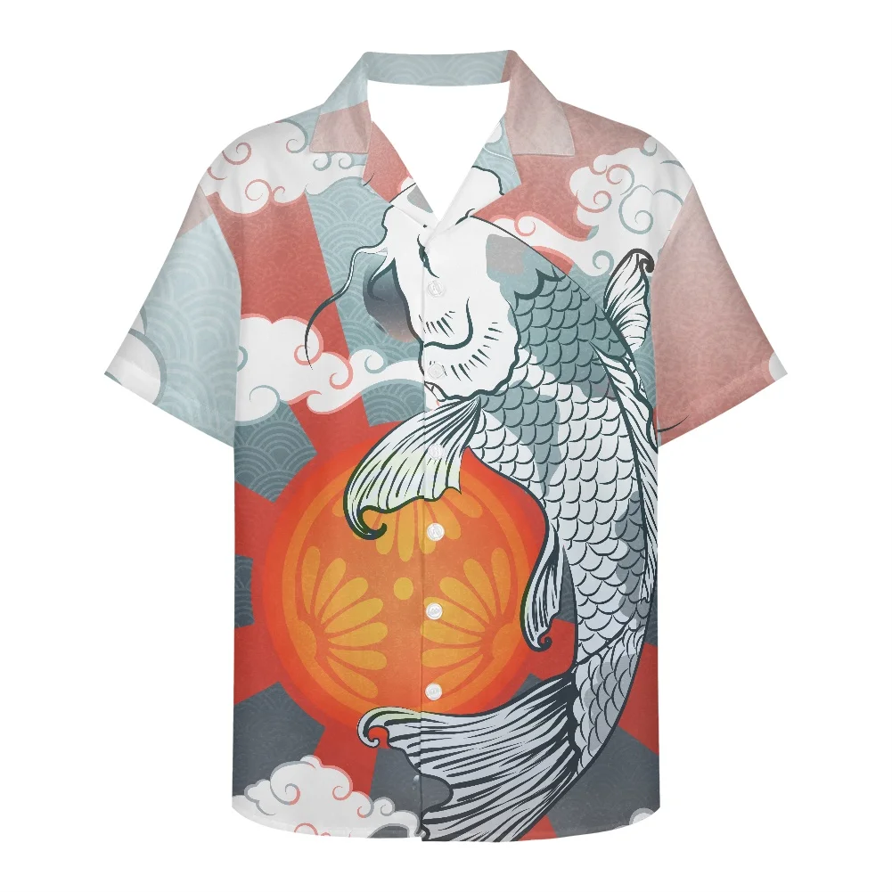 Japanese Koi Pattern Good Luck Orange Men Fashion Casual Hawaiian Printed  Slim Fit Shirt Male Social Short Sleeve Beach Aloha