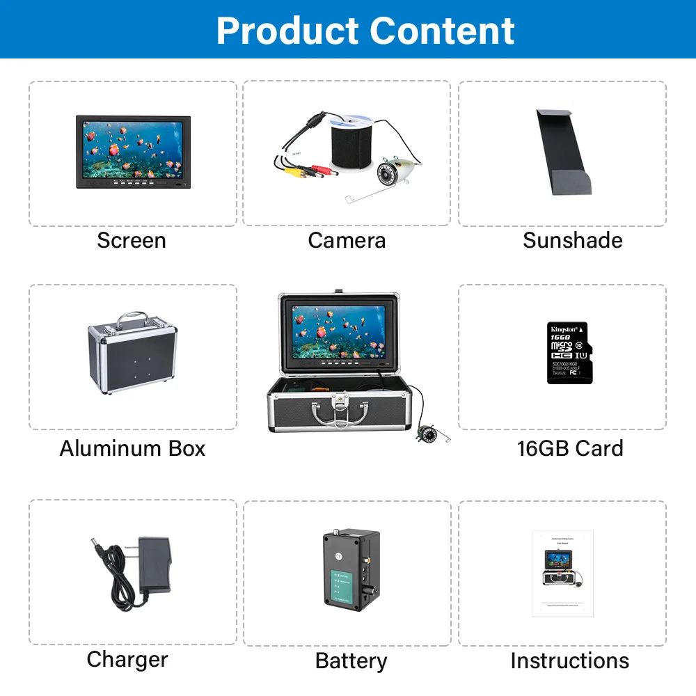 10" DVR Fish Finder Underwater Fishing Camera HD 1280*720 Screen with 16GB Card 12pcs LED 1080P 15/30M Camera For ICE Fishing