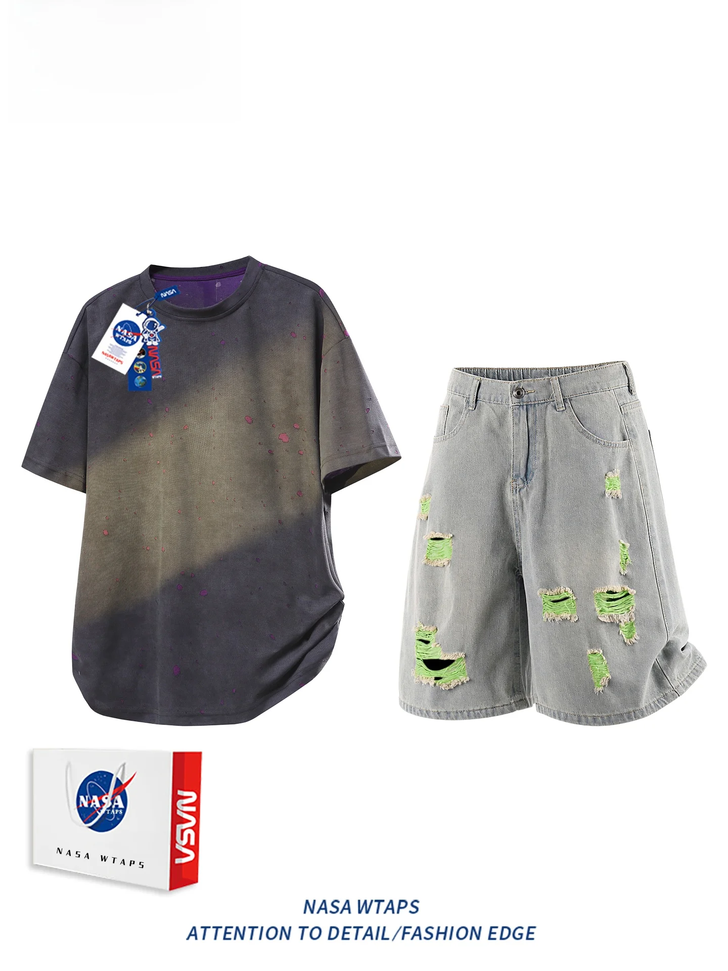 WTAPS 아메리칸 캐주얼 스포츠 세트 남성 여름 염색 홀 디자인 반팔 티셔츠 청반바지 투피스 세트 청소년용 면 폴리에스터