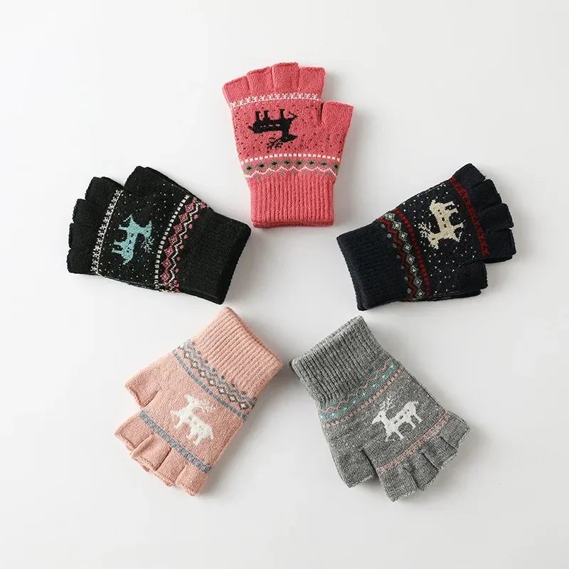 

New Cute Deer Winter Warm Fingerless Gloves Boys Girls Kids Knitted Gloves Offce Student Writing Outdoor Cycling Gloves