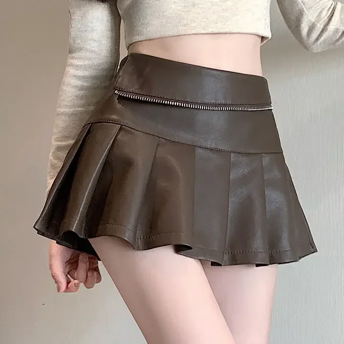 Women's PU Leather Zipper Pleated Skirt 2026 Autumn New High Waist Anti-light Midi Skirt - Image 3