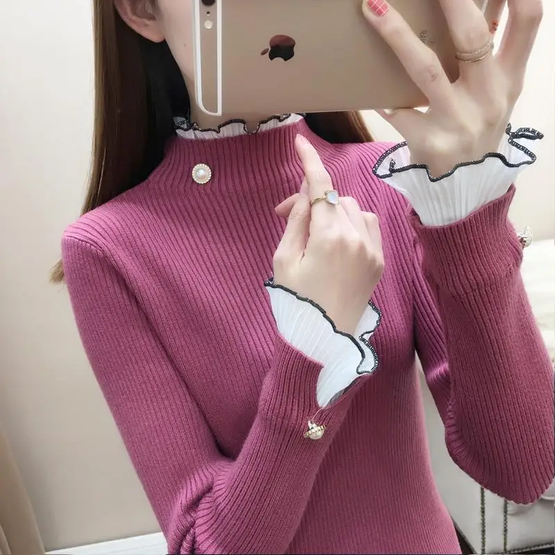

Sweet Flare Sleeve Knitted Button Spliced Ruffles Sweater Women's Clothing 2022 Autumn New Casual Pullovers All-match Tops
