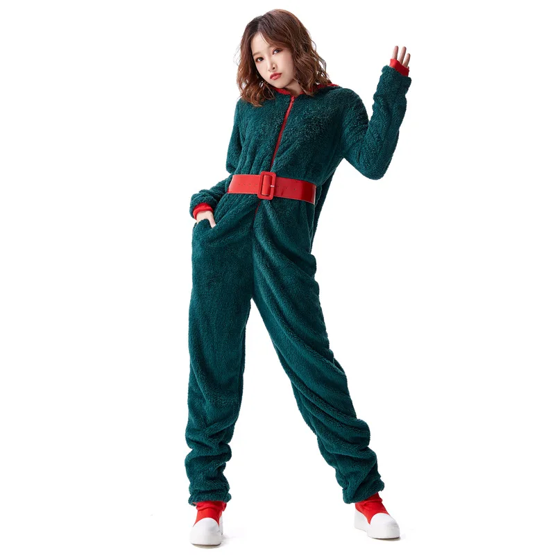 

Adult Women Christmas Xmas Green Elf Velvet Hooded Jumpsuit Belt Set Halloween Role Play Dress Up Cosplay Costume