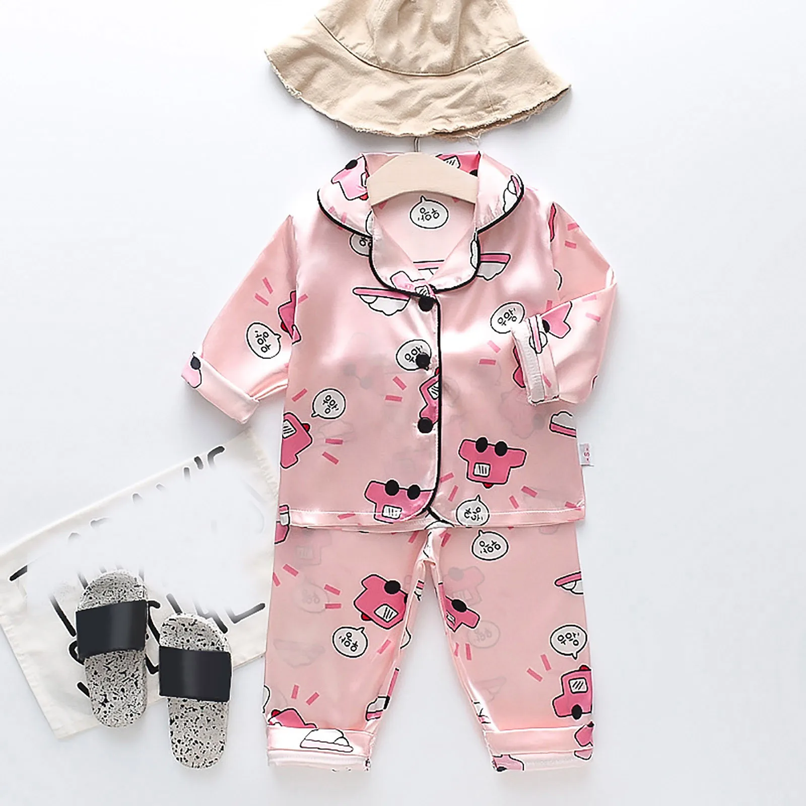 Toddler Kids Baby Boys Girls Satin Cartoon Button Down Shirt Tops + Long Pants Silk Toddler Girl Pajamas 5t Kitty for