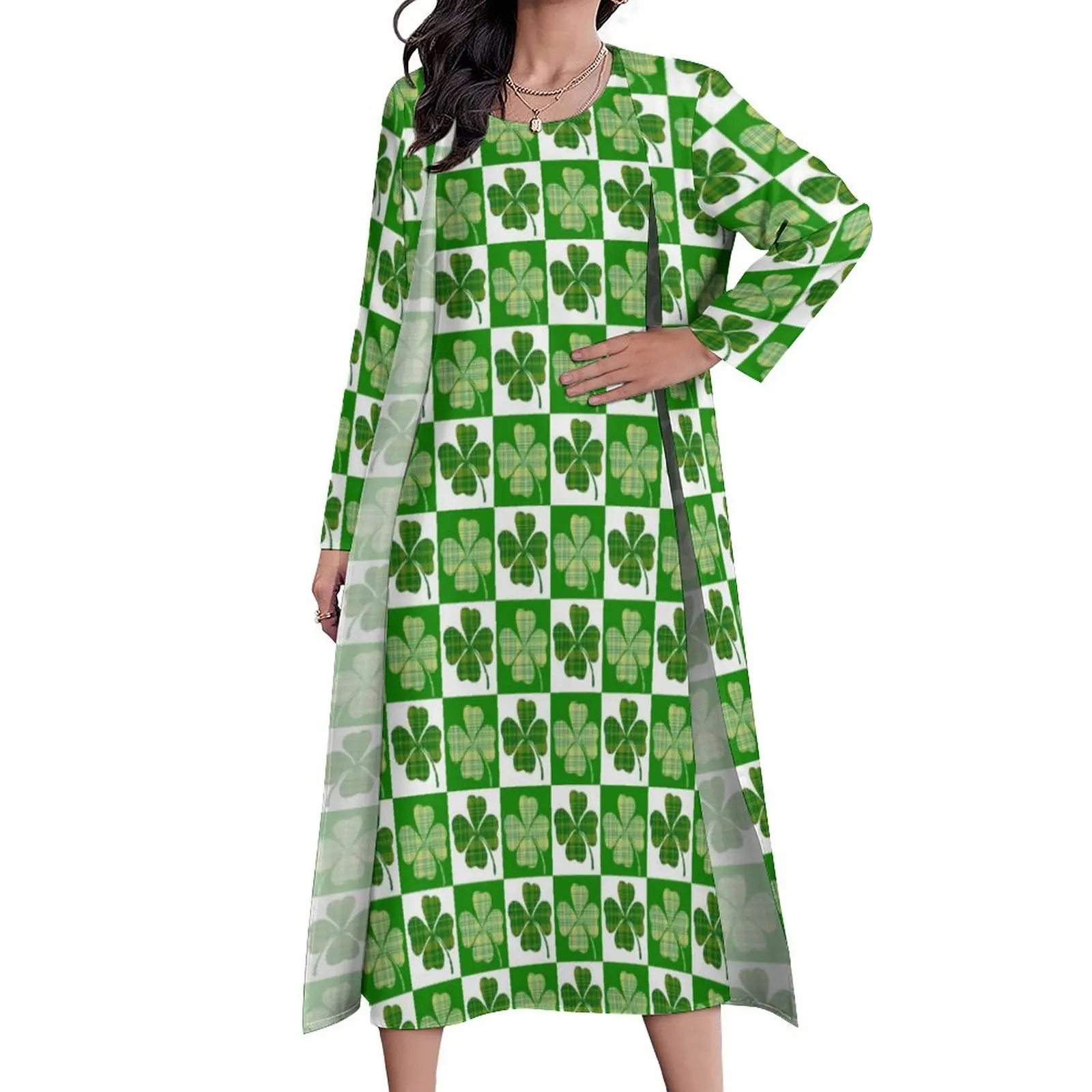 

Cute Shamrock Dress Long Sleeve Checkerboard Print Aesthetic Casual Long Dresses Womens Cute Maxi Dress Gift Idea