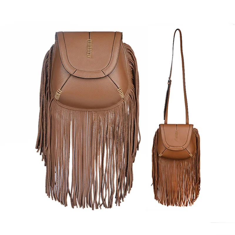 Genuine Leather Women's Handbags casual Purse Ladies tassel Shoulder bag Soft leather Crossbody Bags