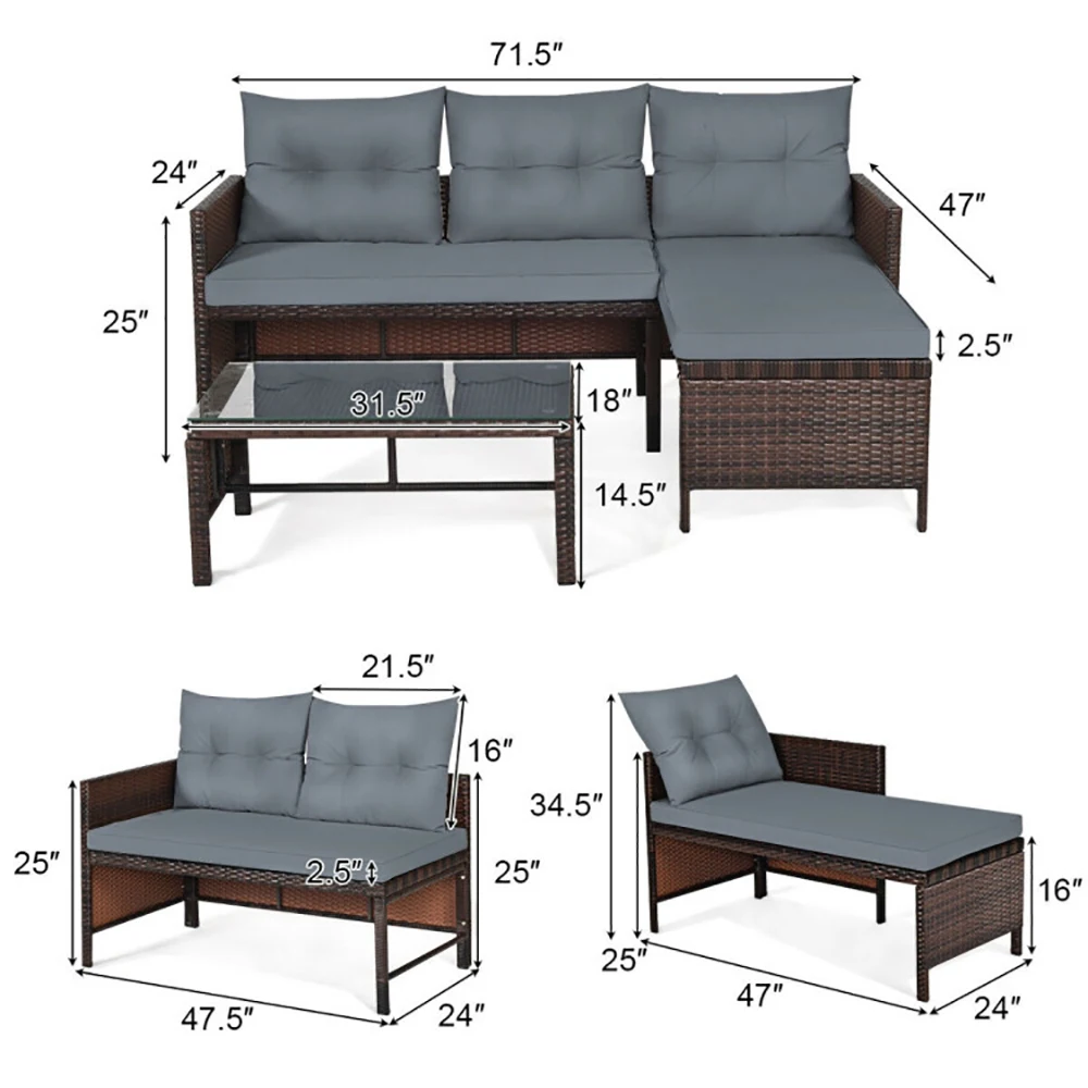 3 Piece Set Corner Sofa Outdoor Rattan Sofa Set Includes Lounge Chaise Loveseat & Coffee Table Patio Garden Backyard Furniture