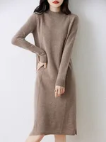 Women's Cashmere Sweater Dress, 100 Pure Wool, Long, Semi-Turtle Neck, Skirt, Loose, Autumn, Winter 1