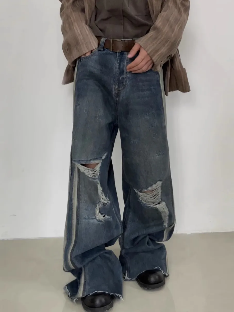 

High-grade sense to do old wash dirty dye mopping ripped jeans retro casual wide-leg pants