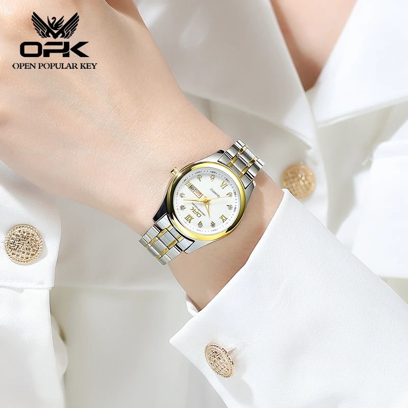 OPK 8103 Elegant Women's Watch Luxury Brand Stainless Steel Waterproof Watch Double Calendar Diamond Business Women Quartz Watch 4