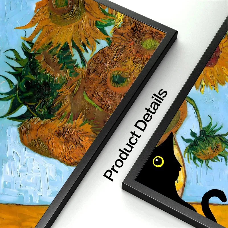 Van Gogh & Monet Inspired Cat Canvas: Starry Night and Sunflowers Wall Art