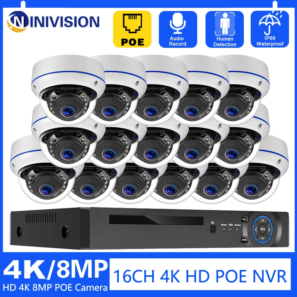 H.265 16CH 4K POE NVR Bullet /Dome POE IP Camera CCTV System 8MP Audio Microphone POE IP Camera Video CCTV Surveillance Kit