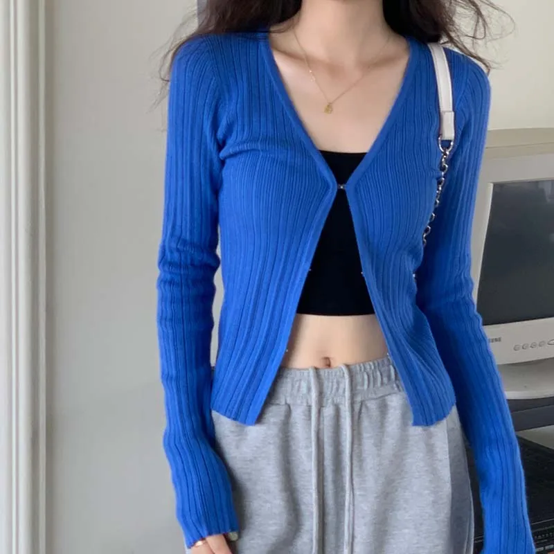 

Autumn Sexy Long Sleeve Tops Fashion Knitted Cropped Cardigan Women Casual V Neck Covered Button Solid Thin Lady Sweater 29214