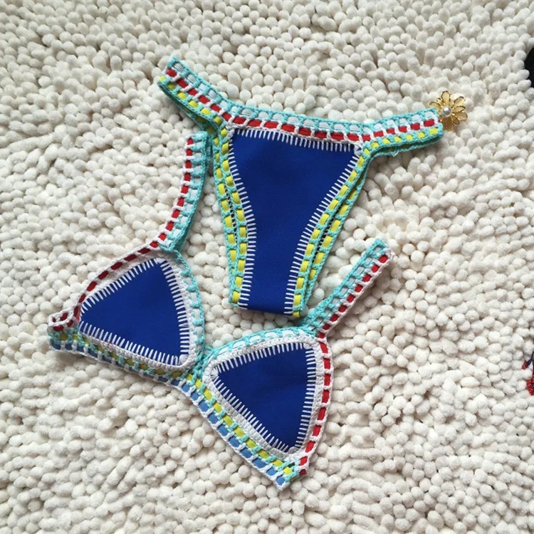 Micro Bikini 2021 Women Handmade Crochet Knit Swimwear Halter Patchwork Bathing Suit Swimsuit Biquini Thong Bikini traje de bano