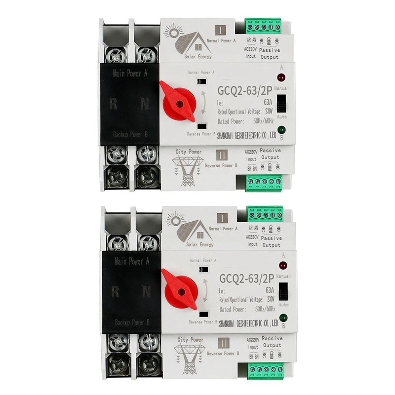 

2X Photovoltaic Solar Power ATS Automatic Transfer Switch Din Rail 2P 63A AC220V ATS PV System Power To City Power